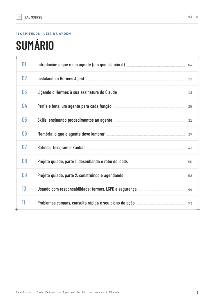 Página de amostra 1 do material Seus Primeiros Agentes de IA com Hermes e Claude